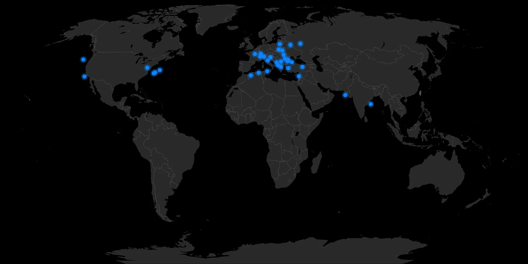 Map showing the 34 cities across Europe, North America, the Middle East, and Asia where Steen Rasmussen has spoken